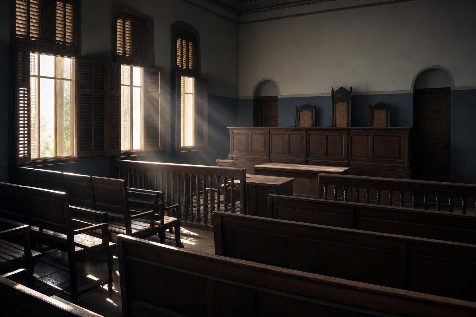 An empty courtroom with light through shuttered windows